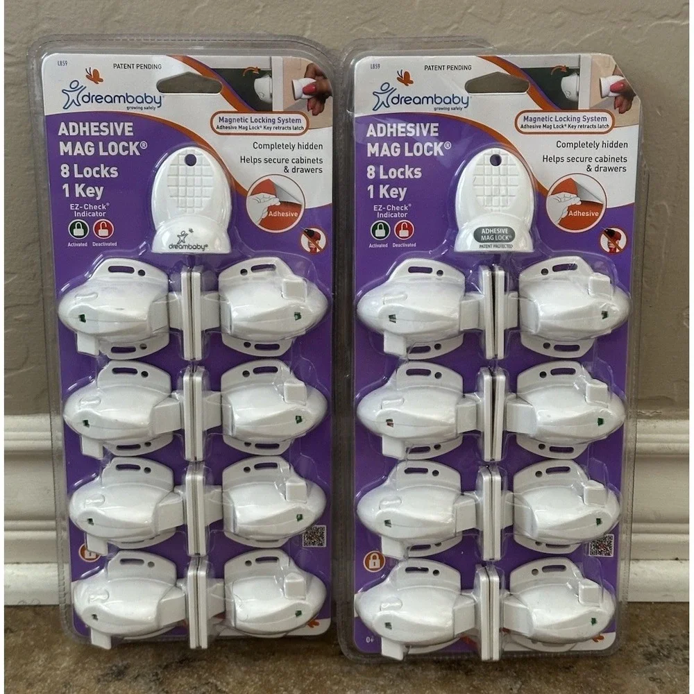2 Dreambaby Adhesive Mag Lock - 8 Locks per pack, 1 Key for Cabinets and Drawers